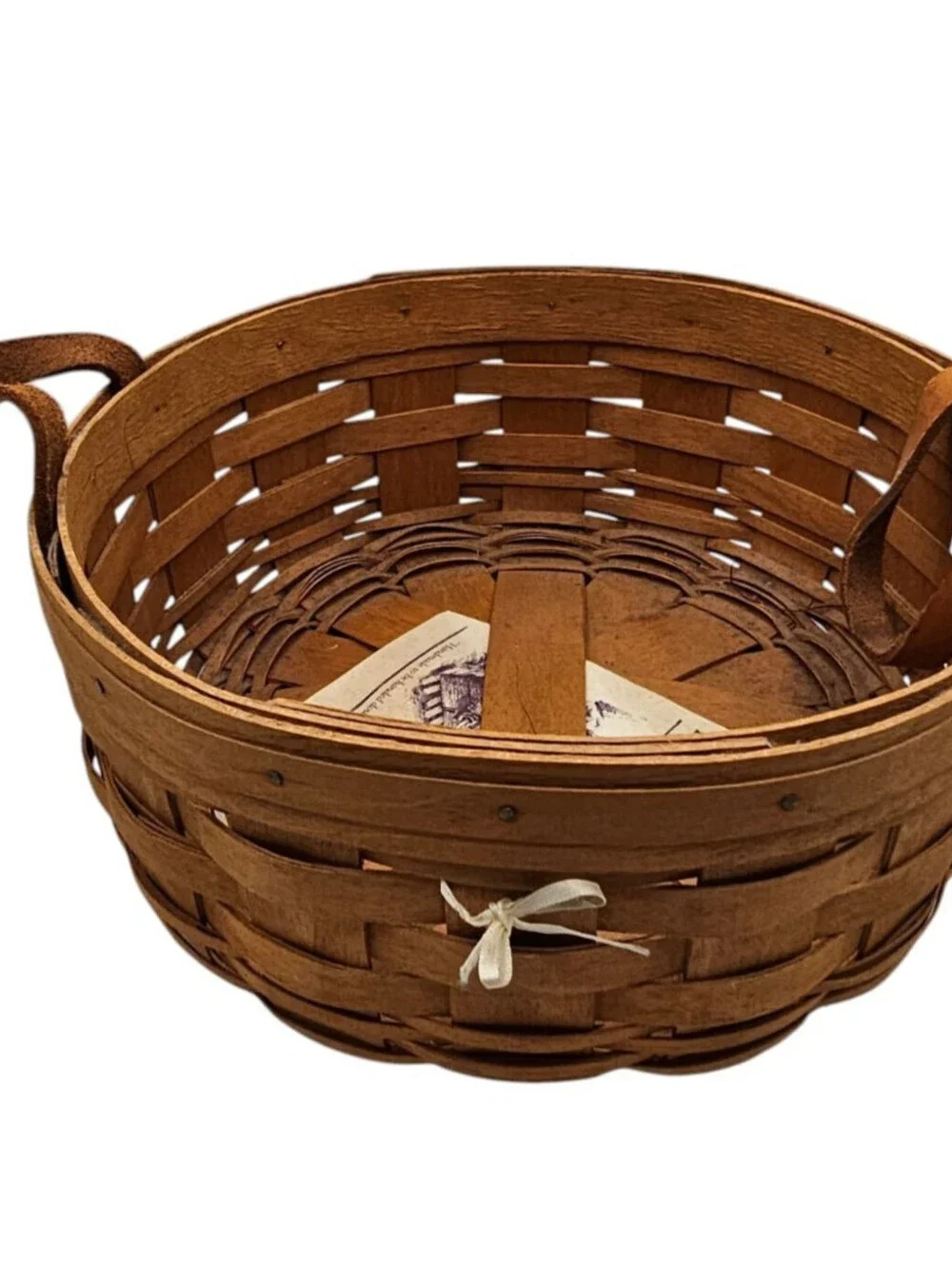 vintage Longaberger round darning basket with leather handles
